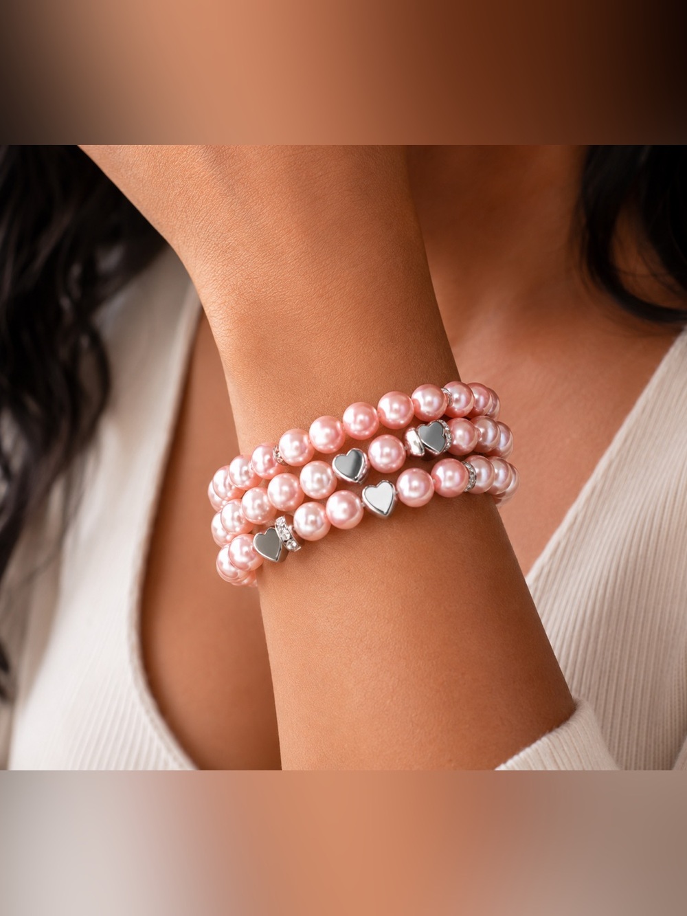 Pink Pearl & Heart Charm Bracelet